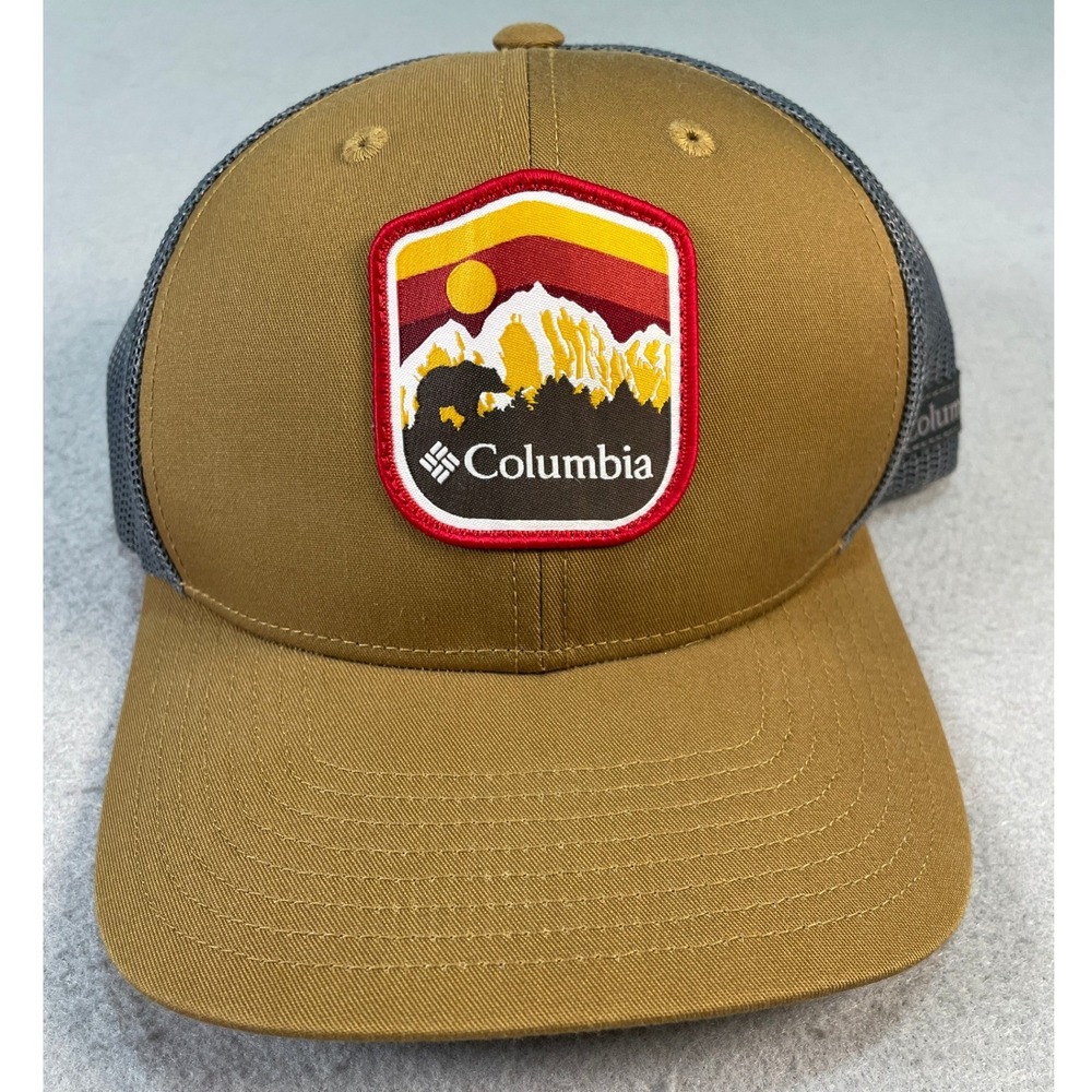 Columbia Trucker Hat Mens OS Brown Mountain Bear Patch Grey Snapback
